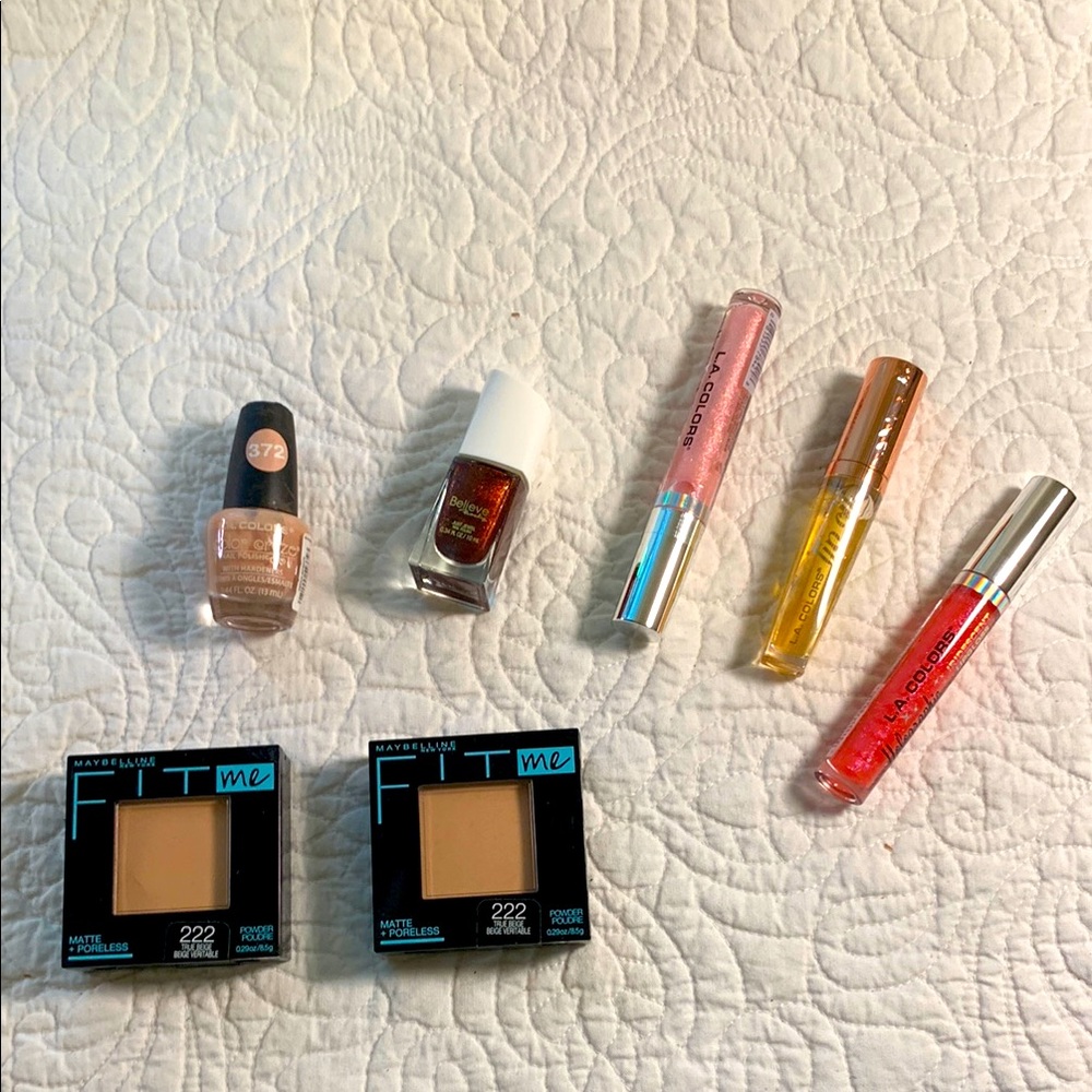 Maybelline L.A. Colors 7 Pc set Fit Me Foundation (222) Polish Lip gel & Oil NEW